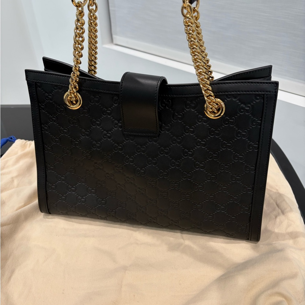 Gucci Black Leather Tote with Gold Chain Accents - Picture 5 of 7